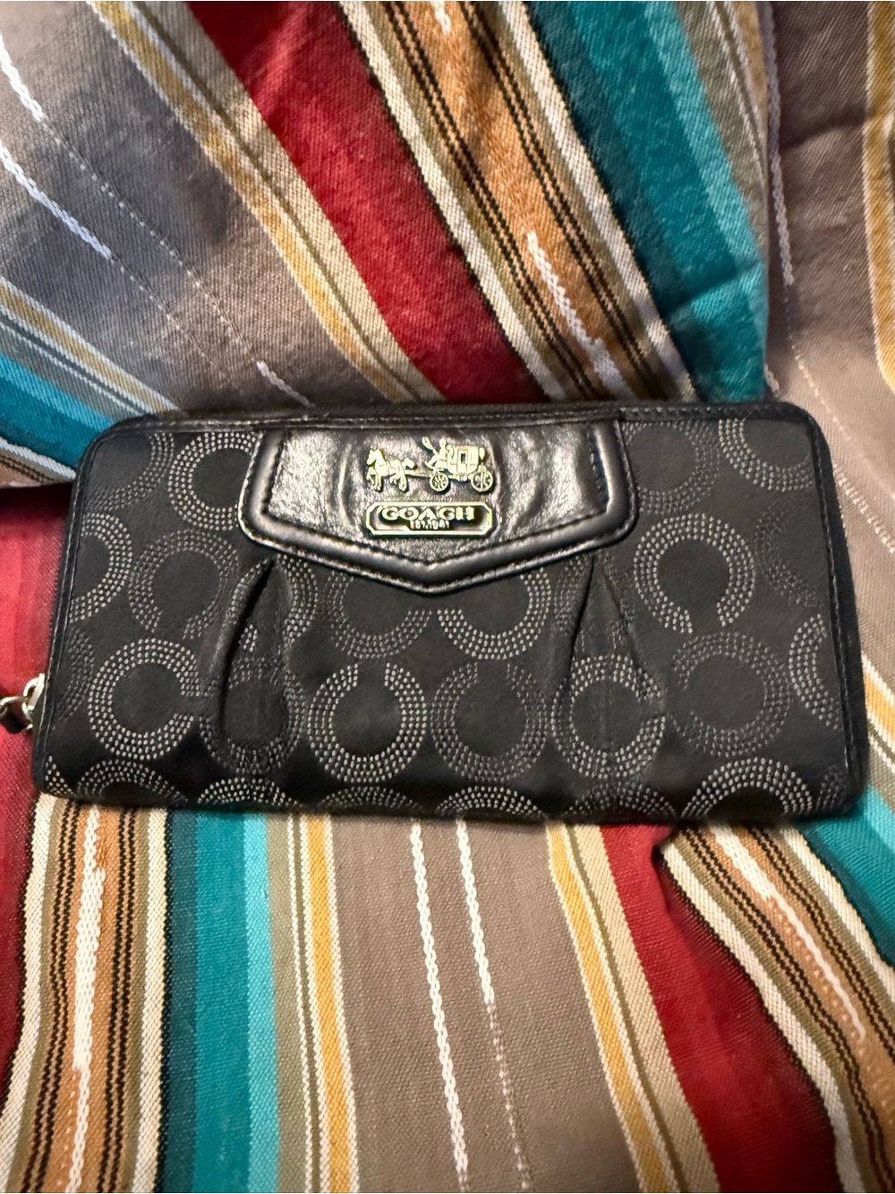 Coach Black Signature Continental Zip Wallet with Logo Plaque